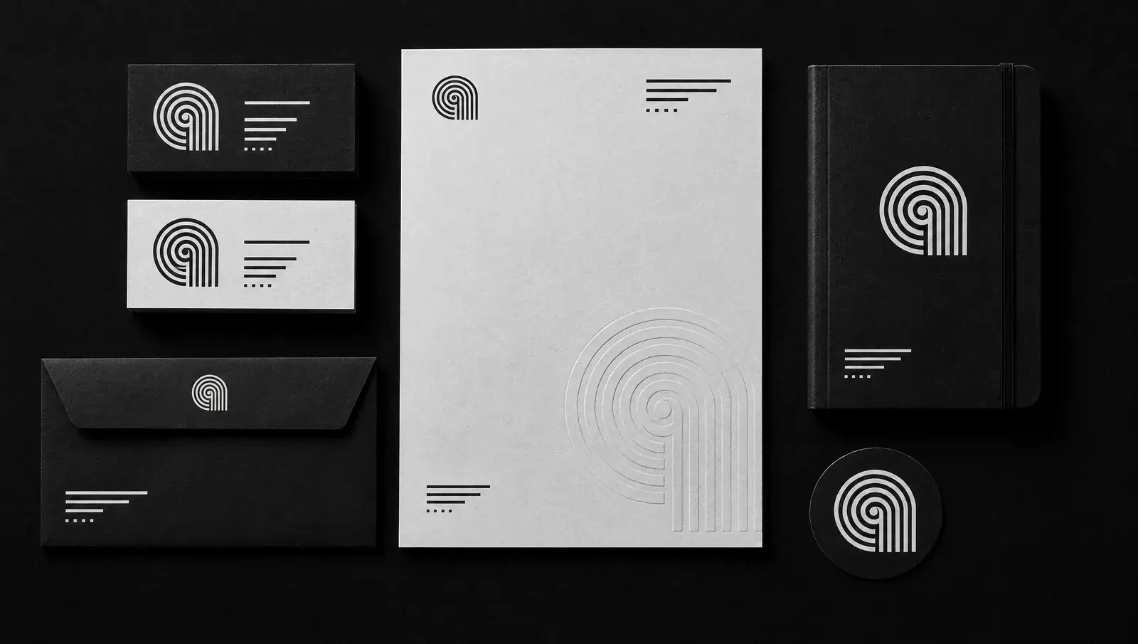 Brand identity system on stationery: business cards, letterhead, envelope and notebook