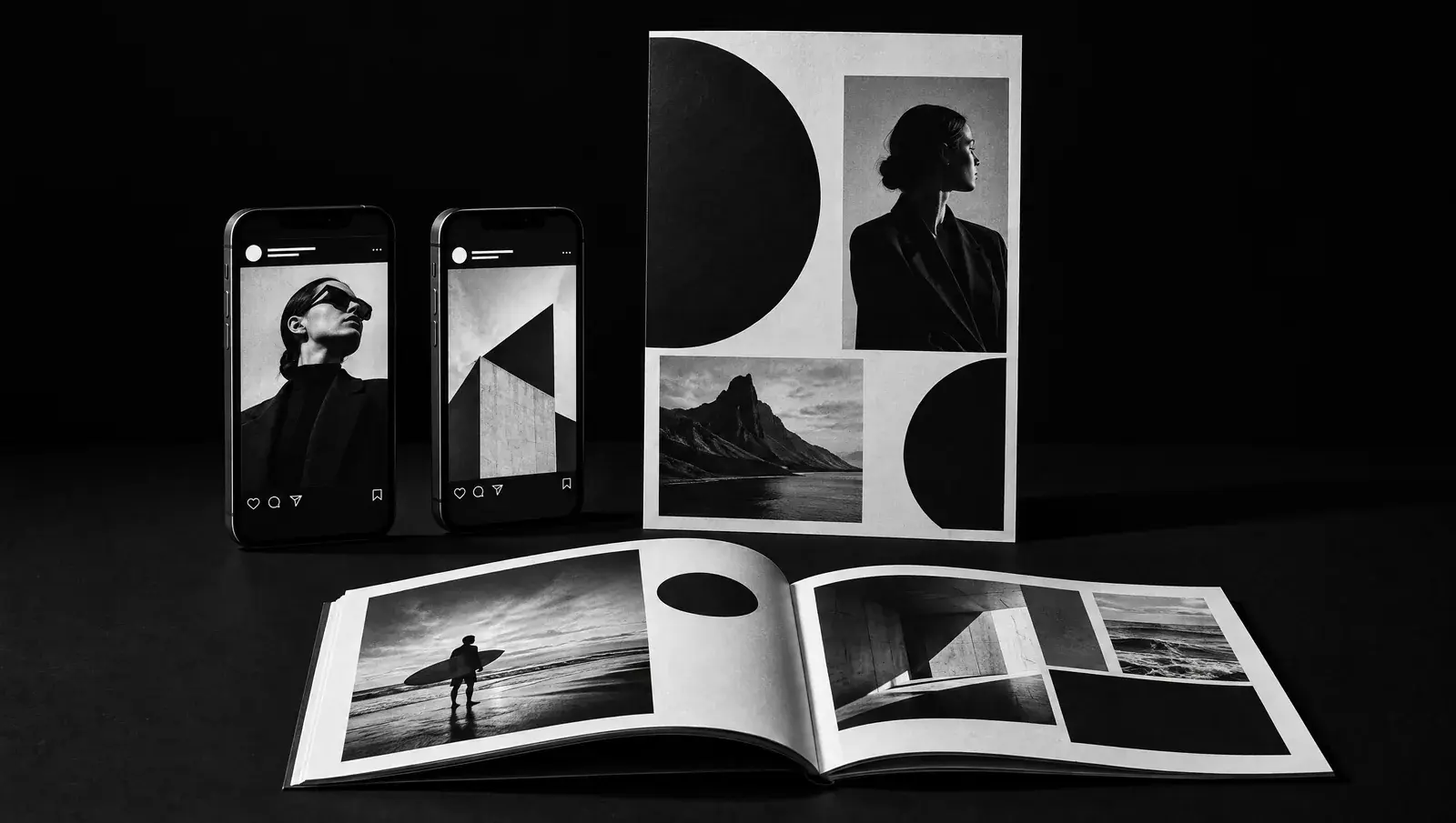 Social media ads on smartphones, a campaign poster and a pitch deck booklet