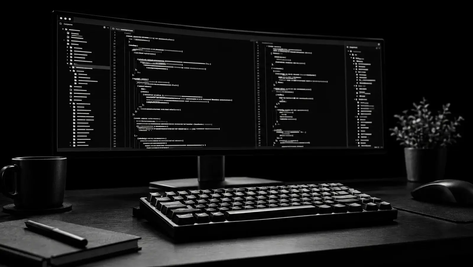 Developer workstation with code editor on an ultrawide monitor for custom React and Next.js builds