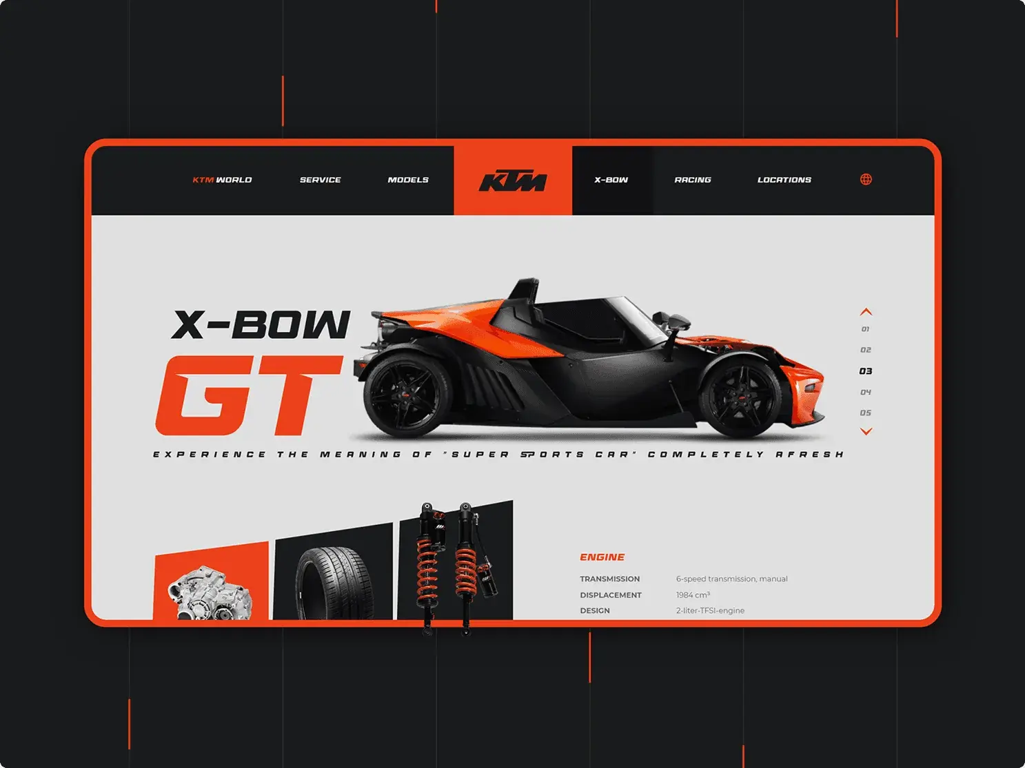 X-Bow GT super sports car landing page design