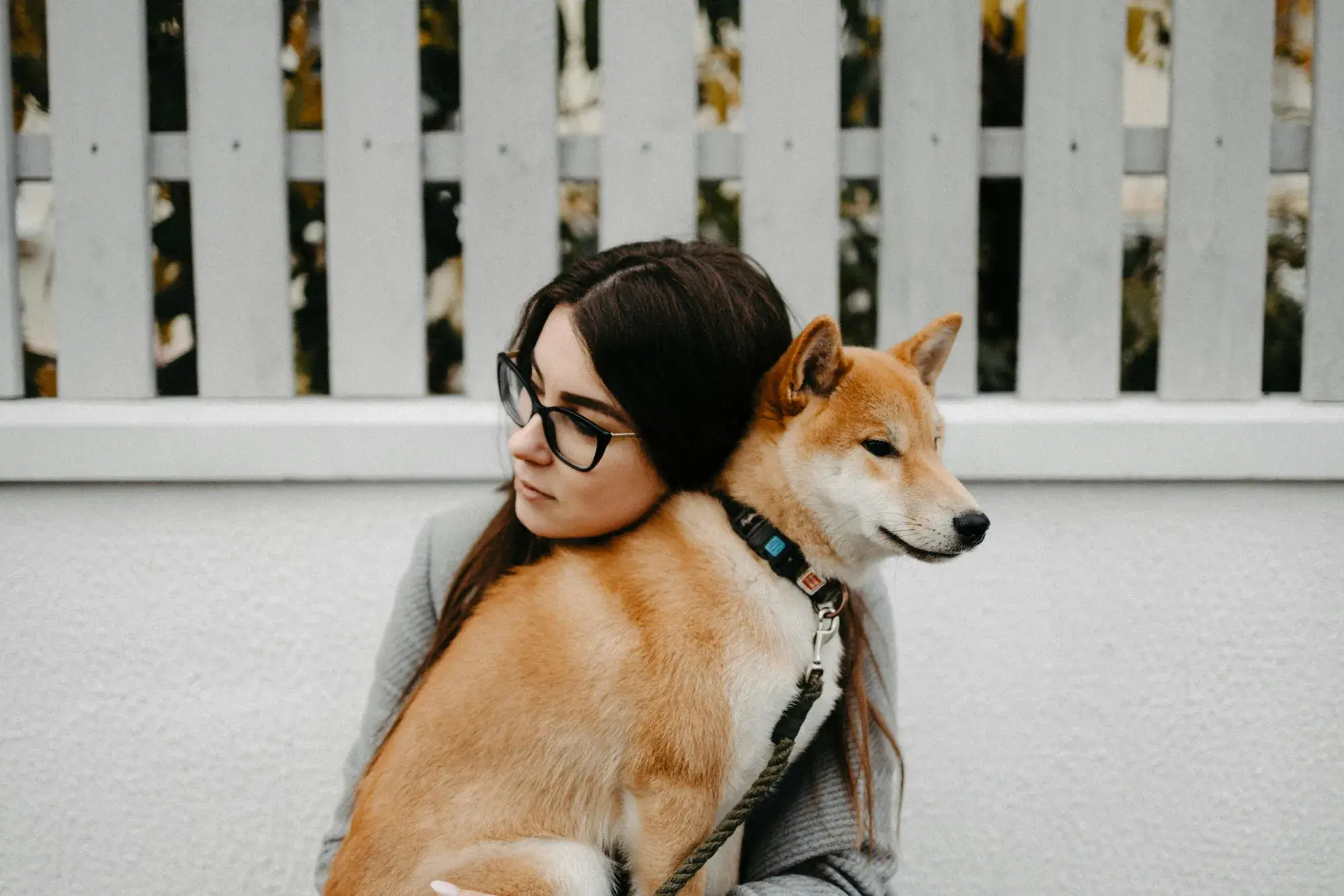 Portrait of a woman hugging a Shiba Inu