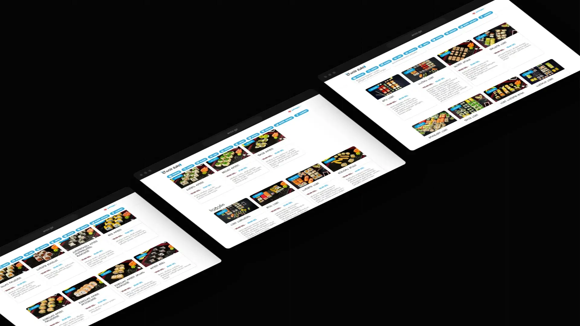 Anso Sushi website screens on desktop, shown at an angle