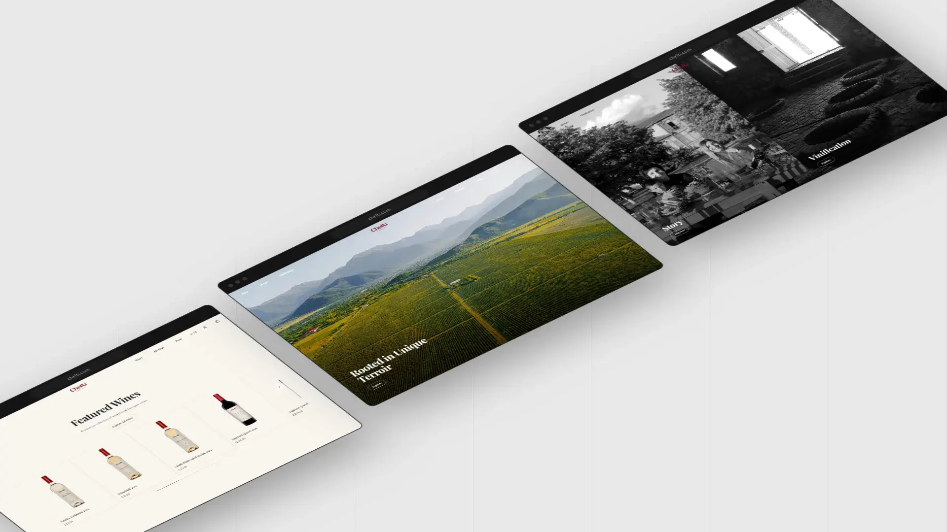 Chelti Winery website screens on desktop, shown at an angle