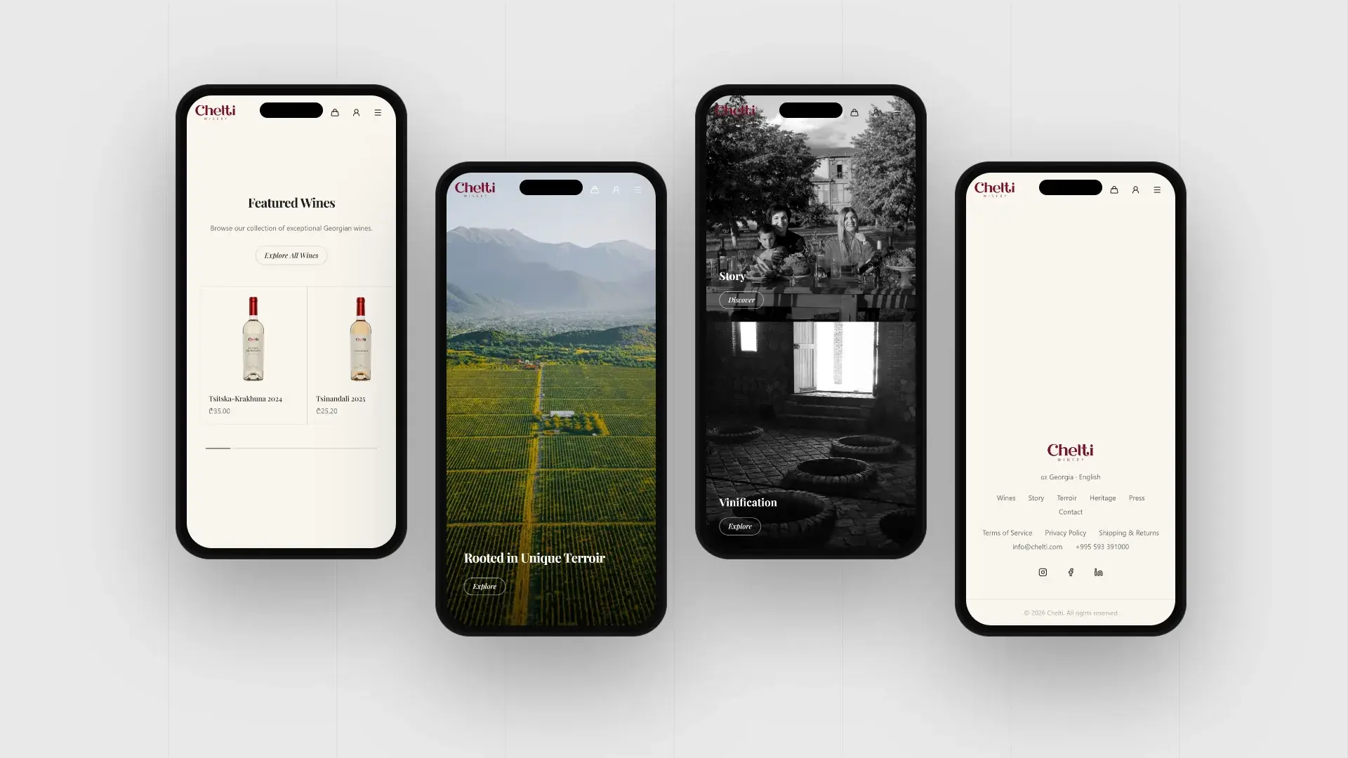 Chelti Winery mobile website on four phones