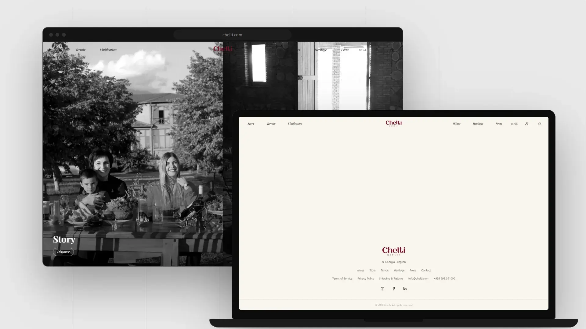 Chelti Winery pages in a browser window and on a laptop