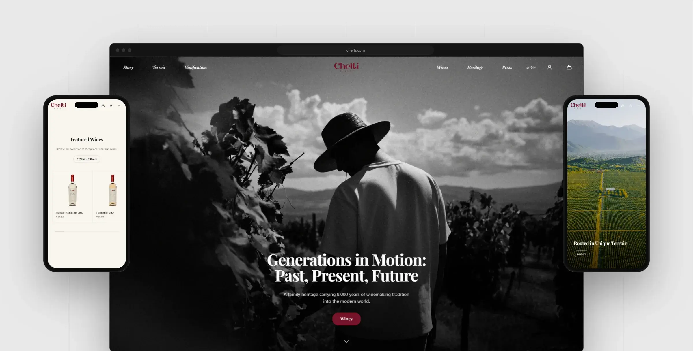 Chelti Winery home page in a browser window with the mobile site on two phones