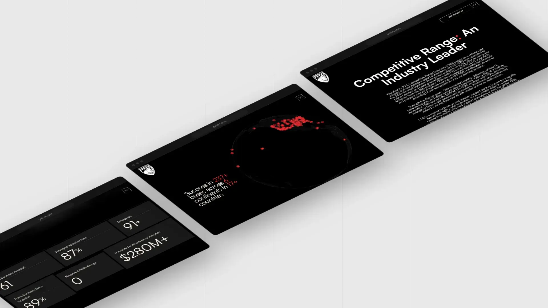 Competitive Range website screens: contract stats, global footprint map and company story