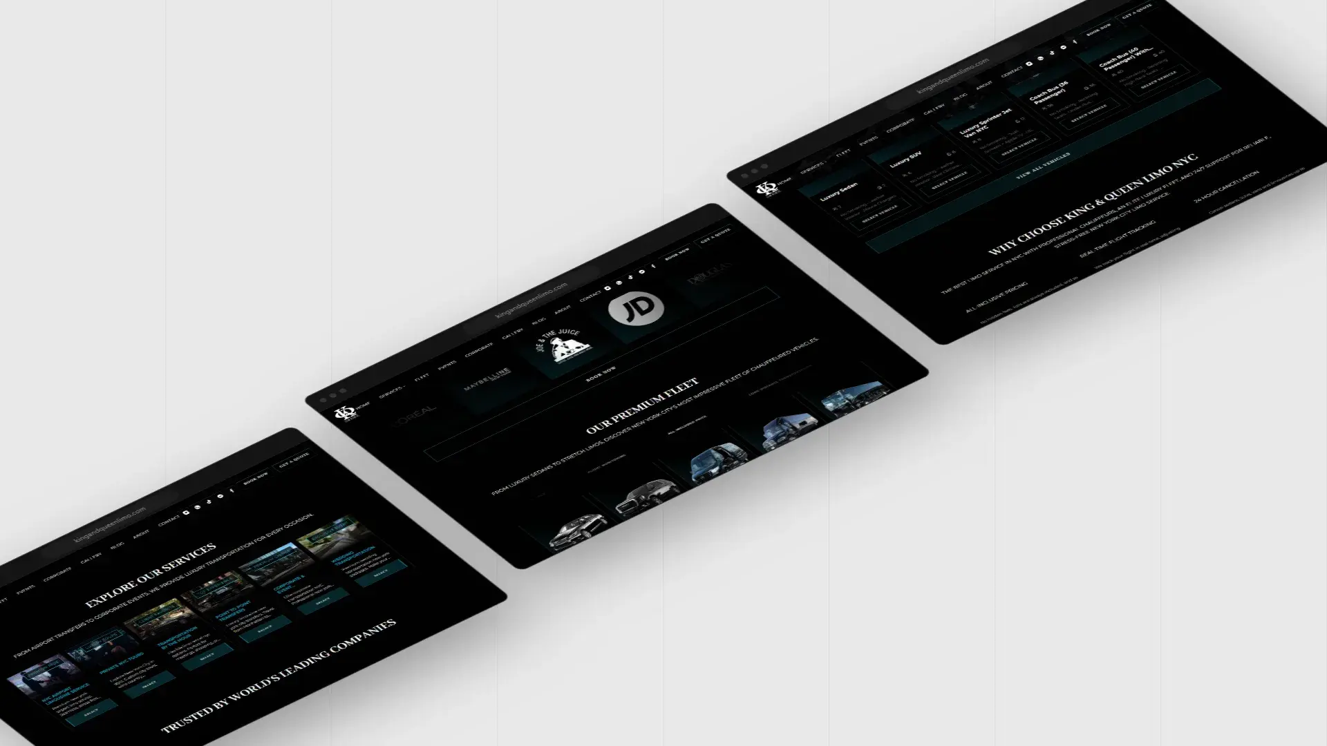 King & Queen Limo website screens: services, premium fleet and why choose us