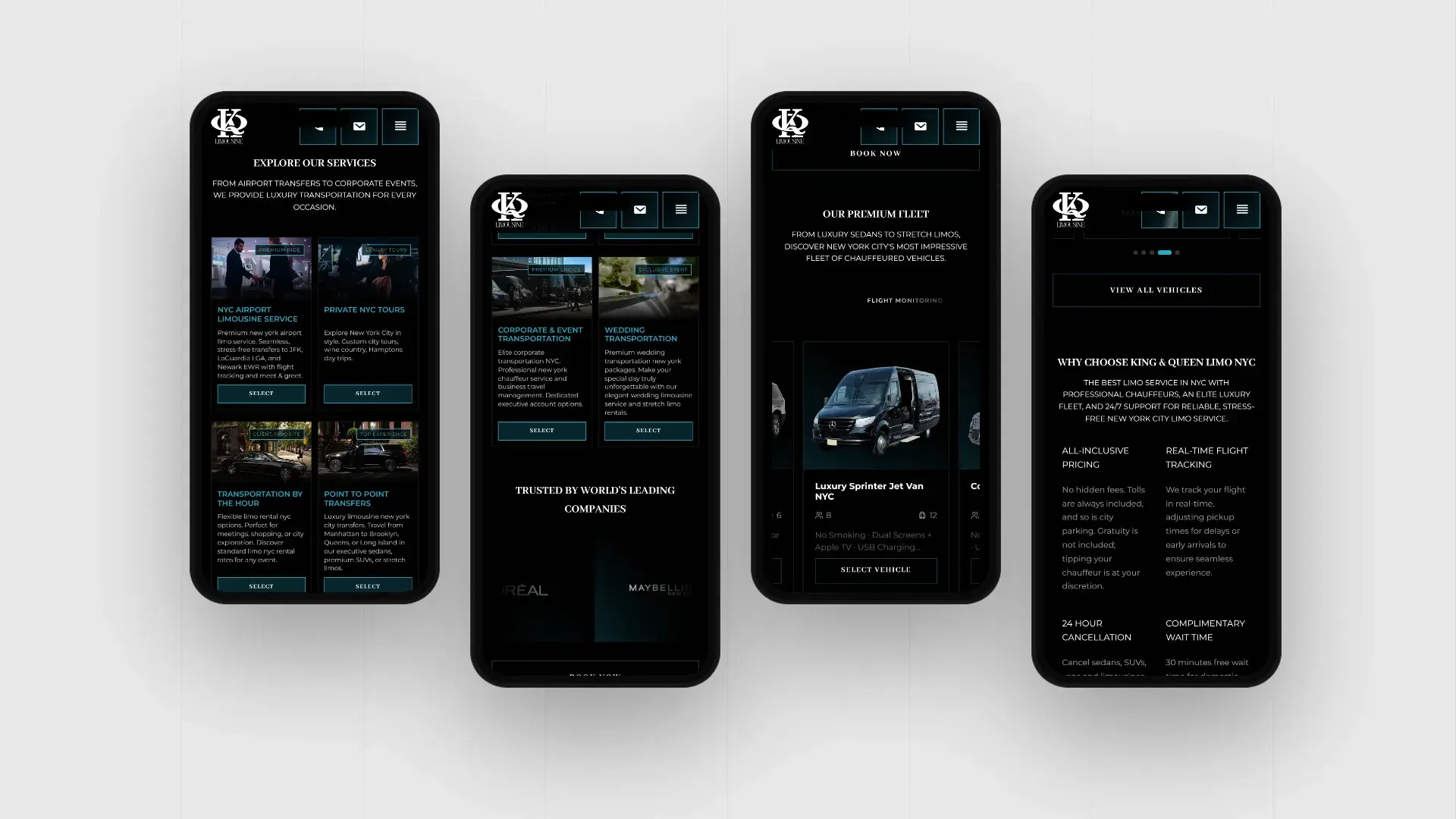 King & Queen Limo mobile website on four phones