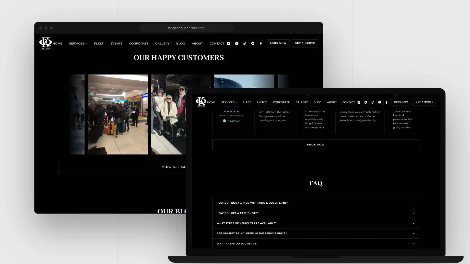 King & Queen Limo customer gallery and FAQ sections on desktop
