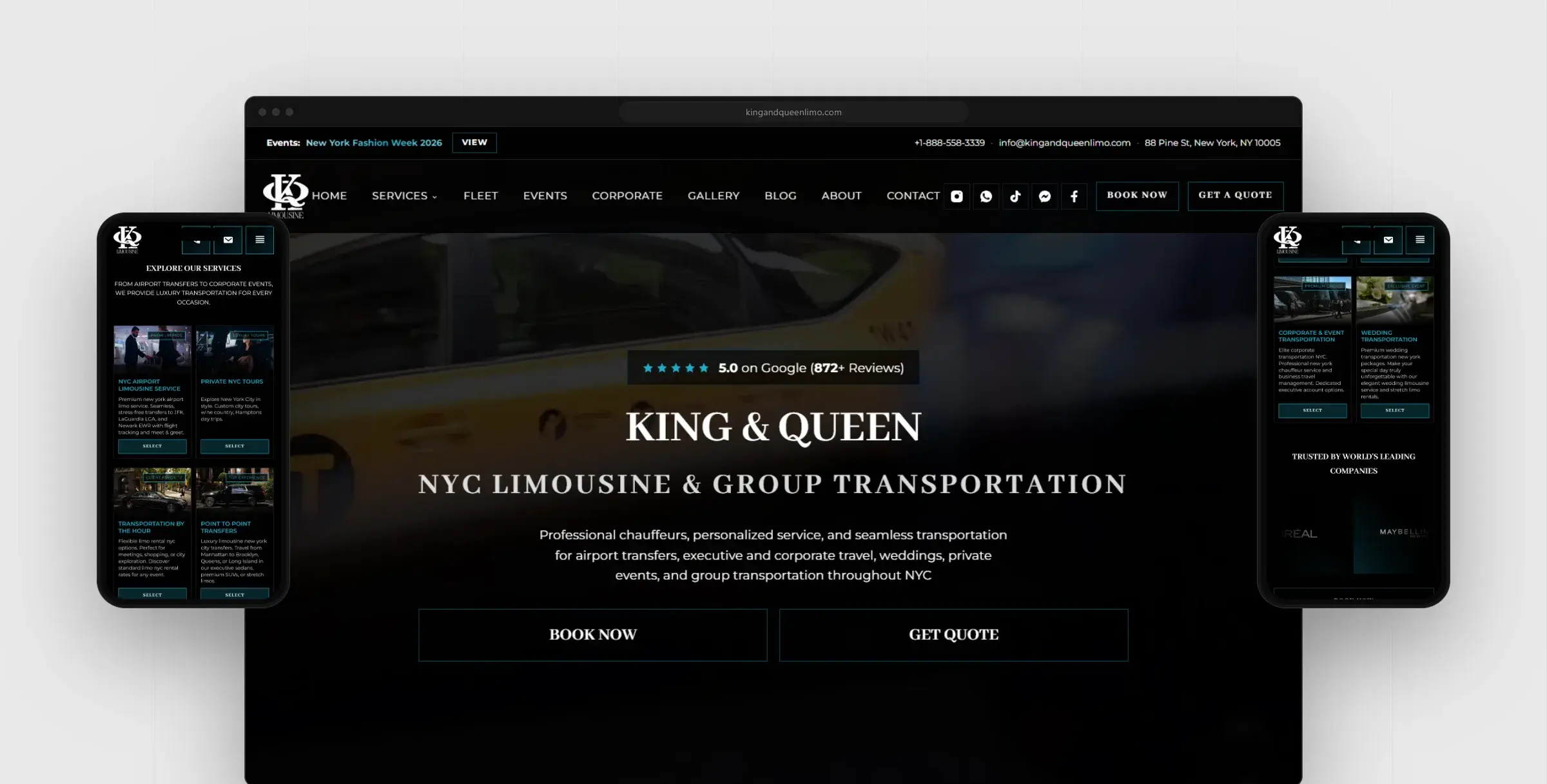 King & Queen Limo NYC home page in a browser window with the mobile site on two phones