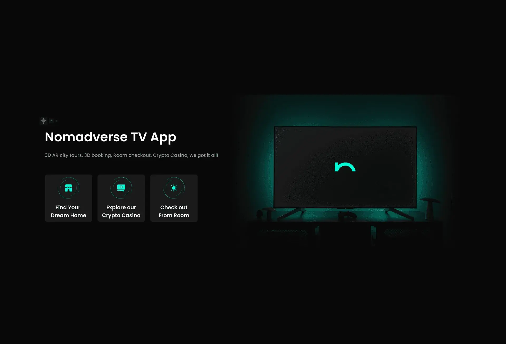 Nomadverse Samsung TV app home screen with 3D city tours and booking