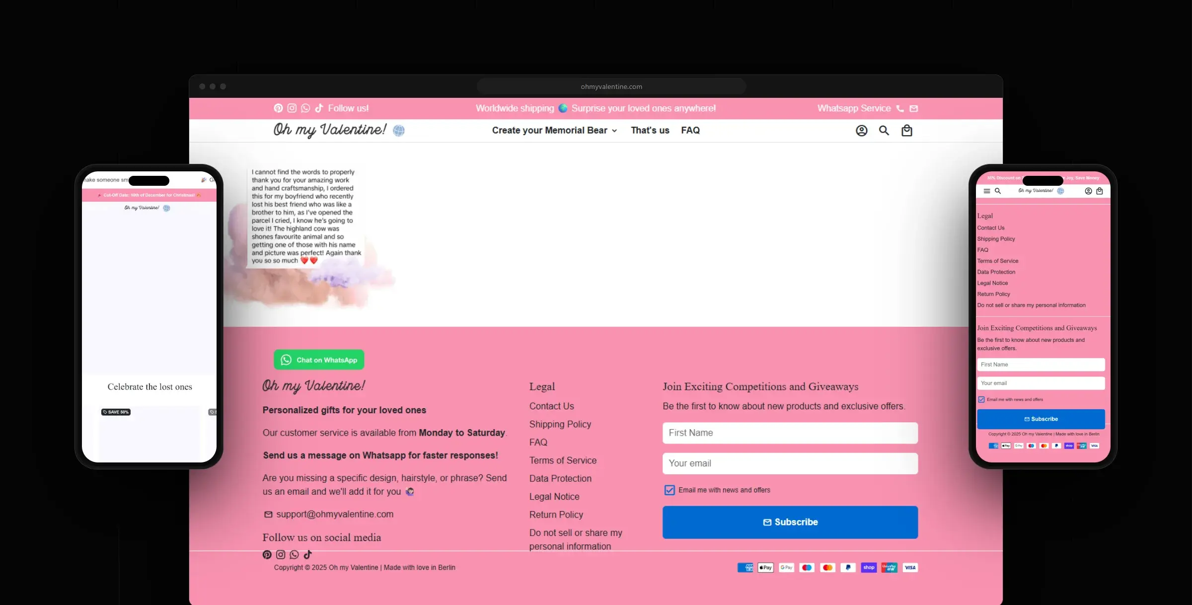 Oh My Valentine home page in a browser window with the mobile site on two phones