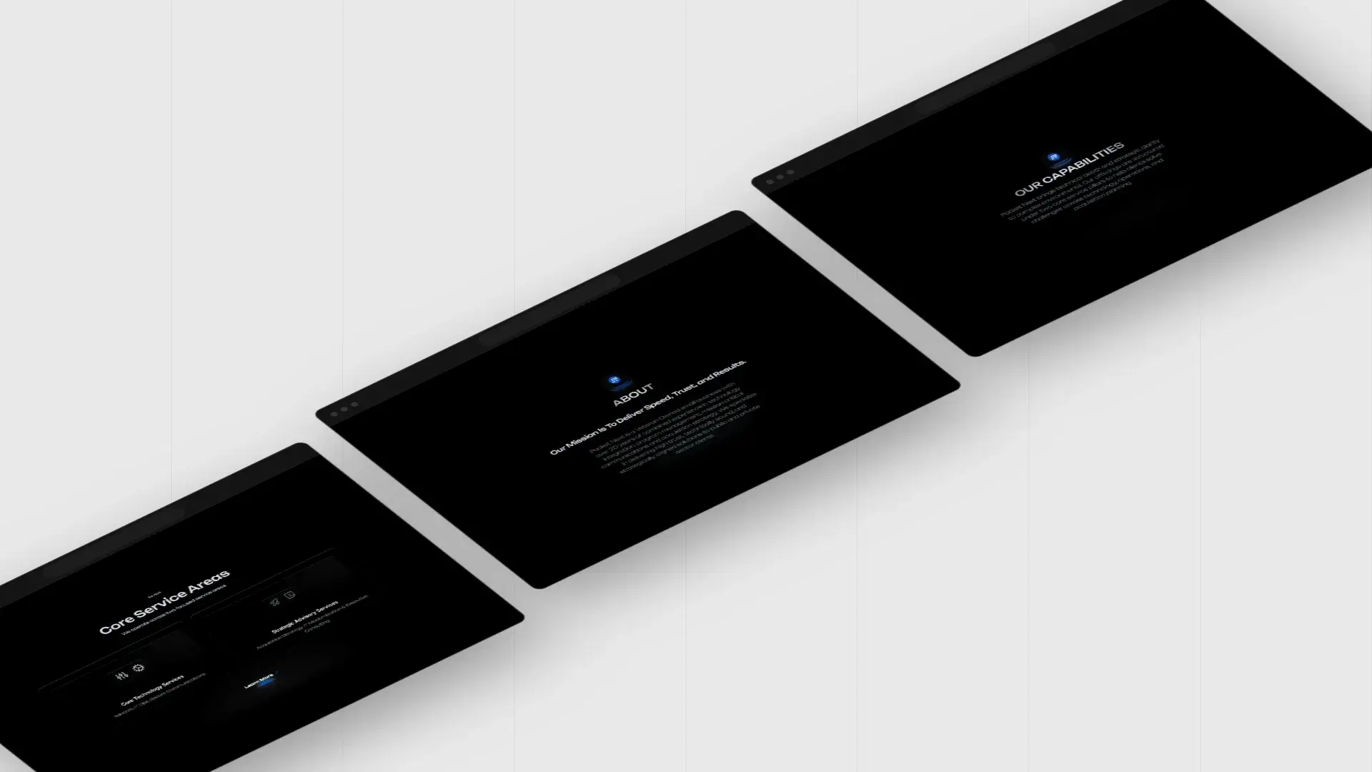 PacketNext website screens: core service areas, about and capabilities sections