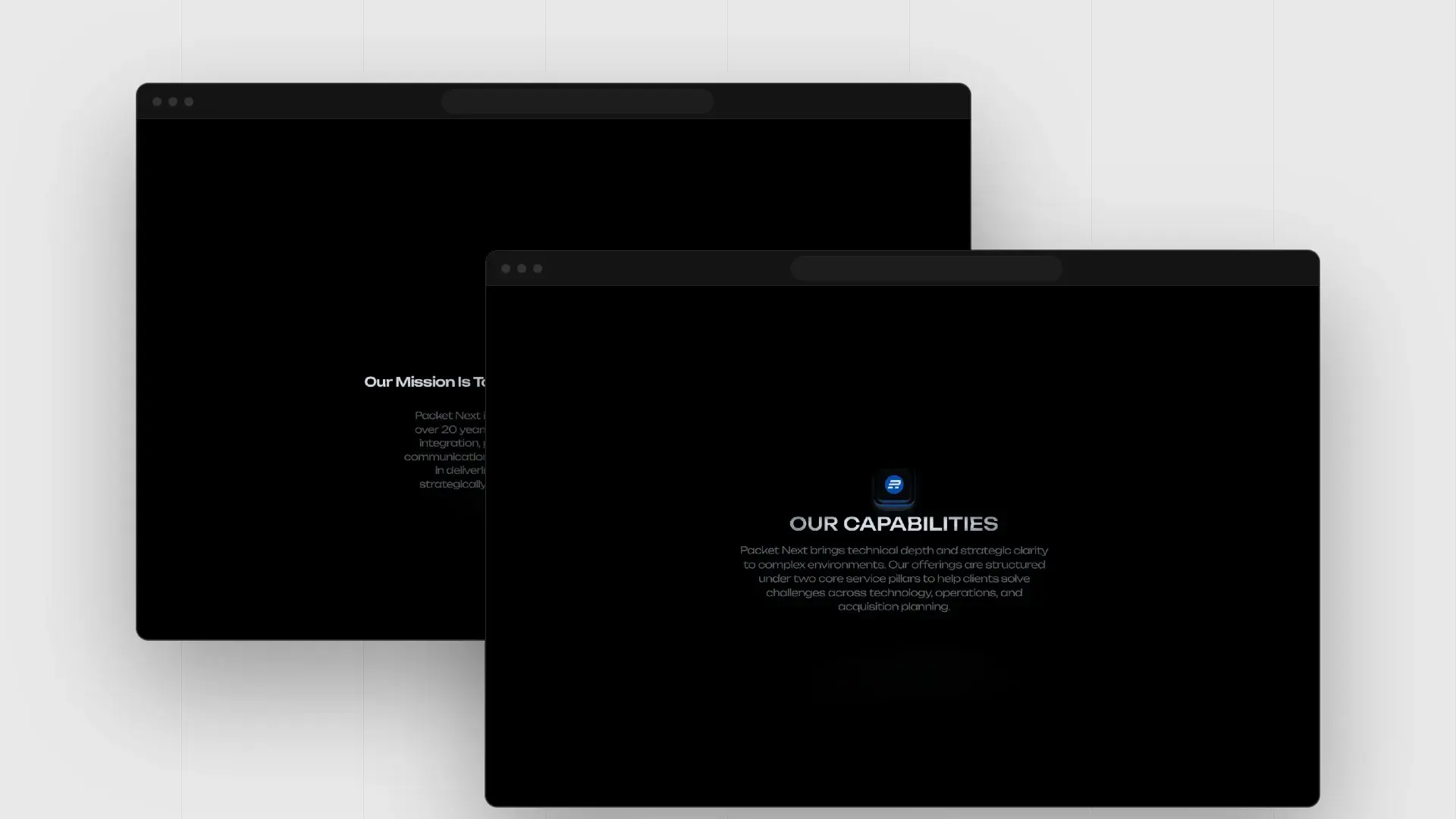 PacketNext about and capabilities sections in two browser windows