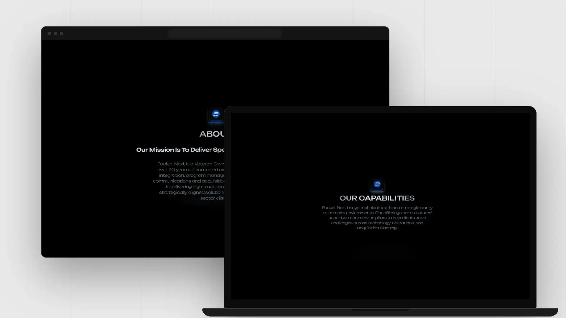 PacketNext about section in a browser and capabilities section on a laptop