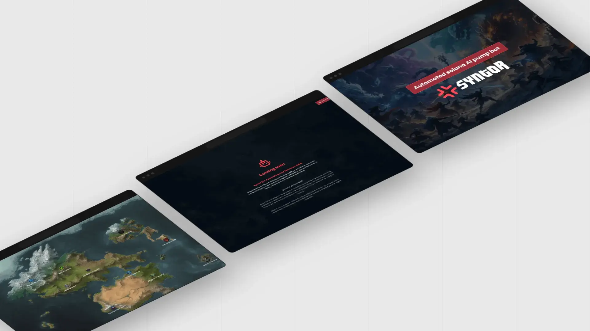 Syntor platform screens: faction world map, Syntor Bot page and launch artwork