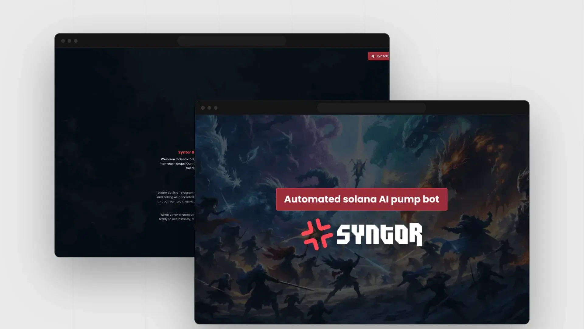 Syntor Bot coming-soon page and Syntor launch artwork in browser windows