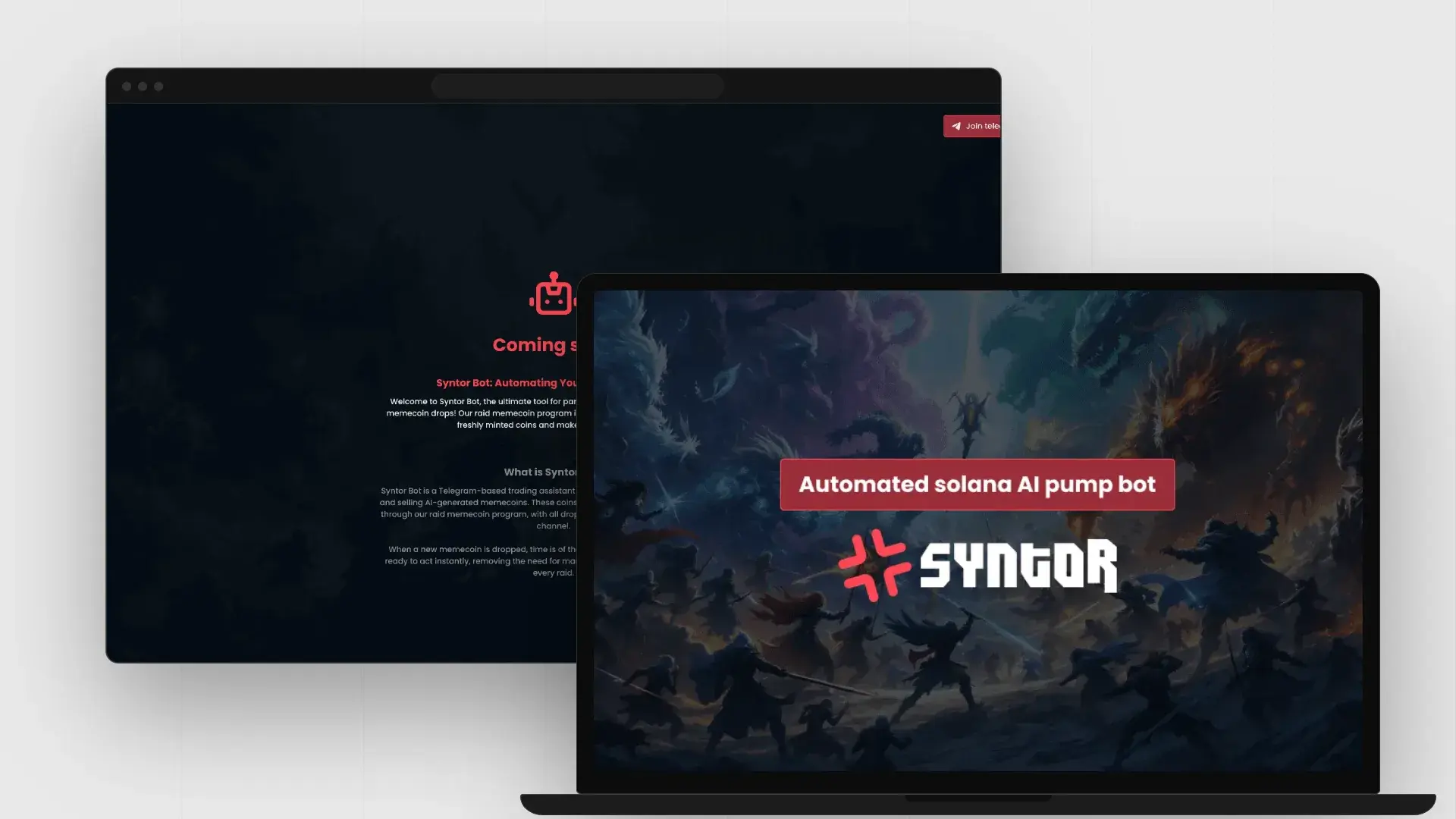 Syntor Bot coming-soon page in a browser and Syntor artwork on a laptop