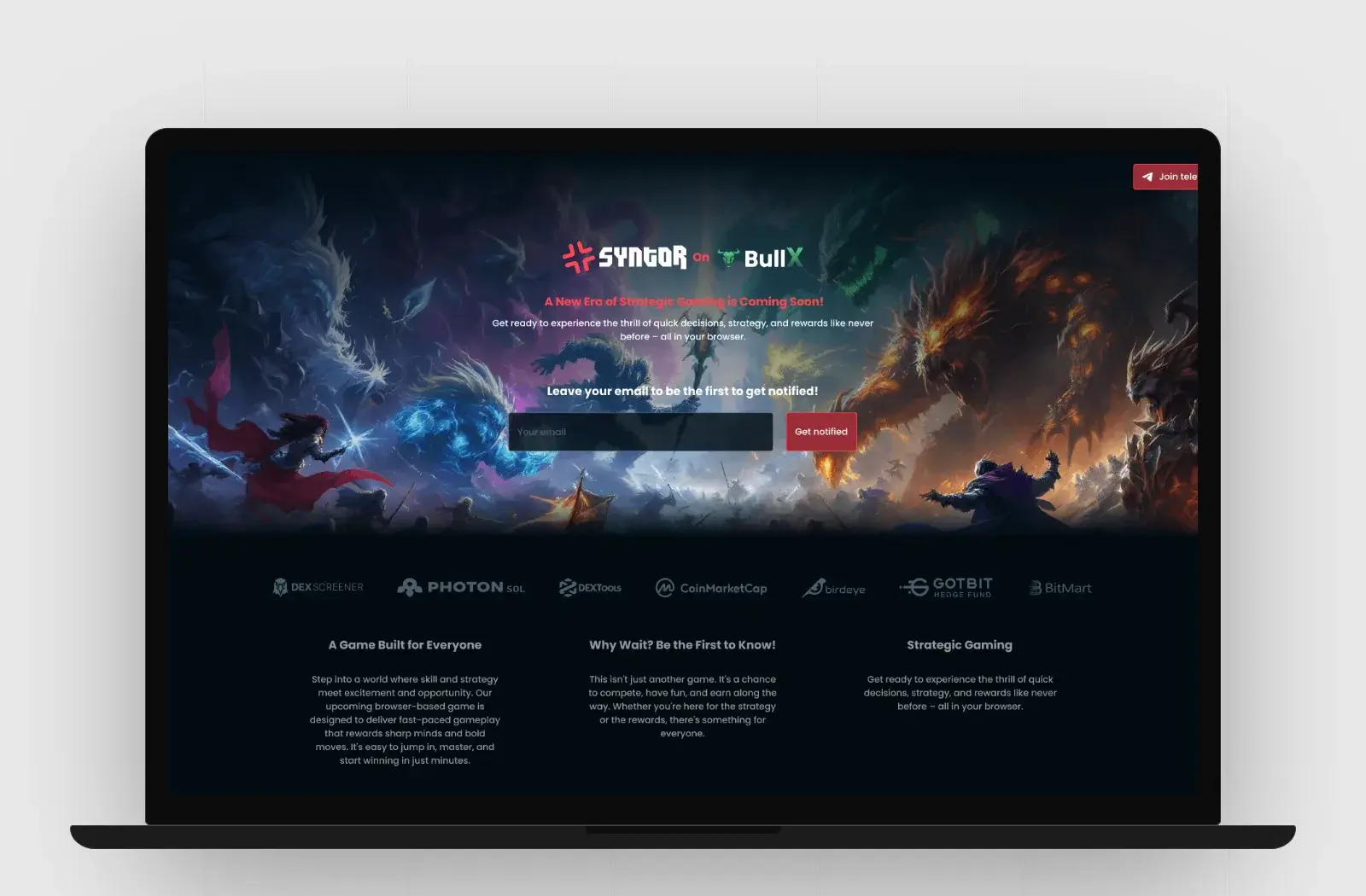 Syntor game launch page on a laptop, designed by SaintsHood