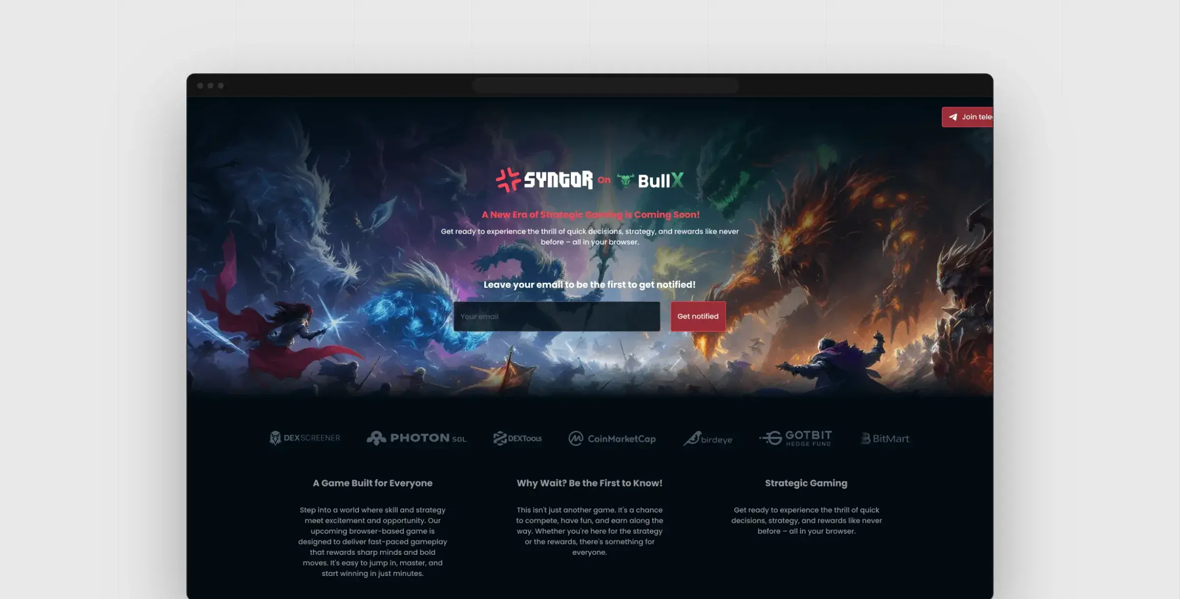 Syntor game launch page with email waitlist in a browser window